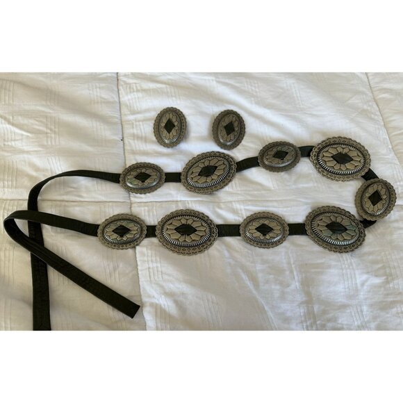 Vintage 1960's Set Concho Belt & Matching Clip On Earrings Genuine Leather